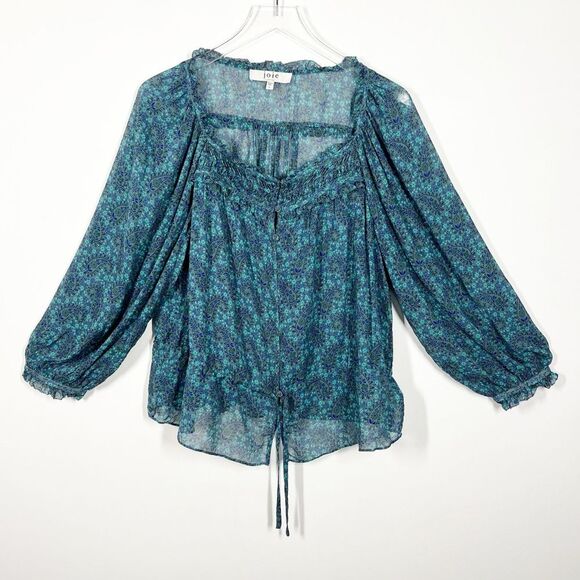 Joie Women's Size 1X Green Blue Pine 100% Silk Asseline Long Sleeve Blouse Top - Picture 4 of 13